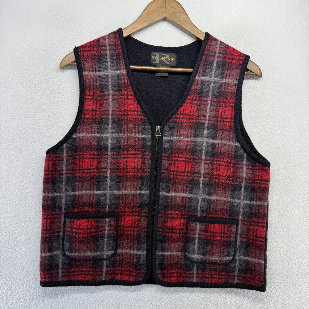 Vintage Requirements Sweater Vest Women's Medium Cardigan Buffalo Plaid Wool 90s